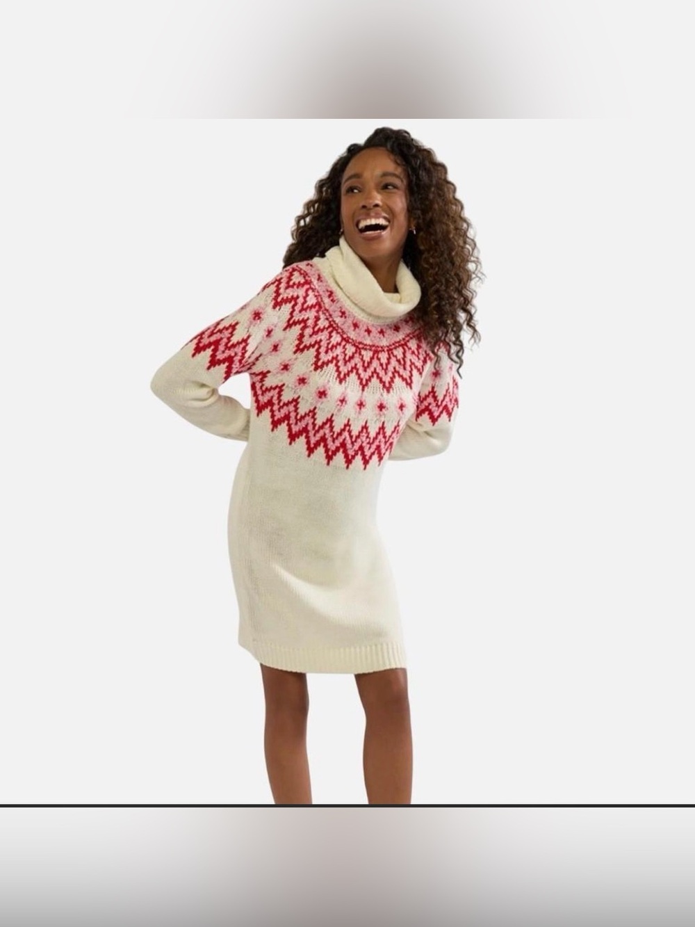 Francesca’s Alberta Long Sleeve Fairisle Sweater Mini Dress White Pink & Red NWT
